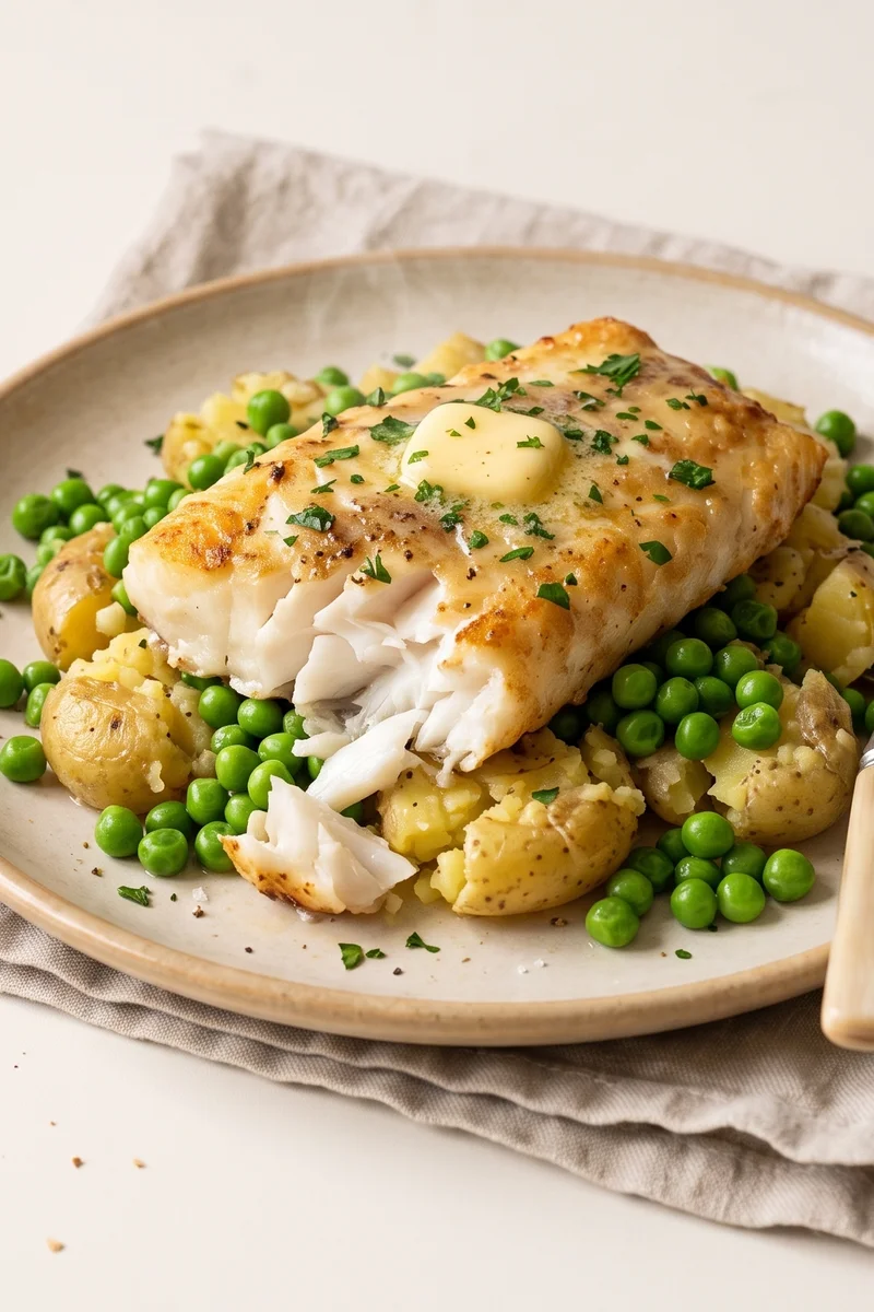 Baked Cod with Crushed Potatoes & Peas - Flaky white fish, buttery crushed potatoes and sweet peas