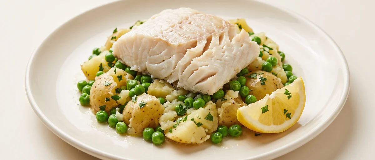 Baked Cod with Crushed Potatoes & Peas - Flaky white fish, buttery crushed potatoes and sweet peas