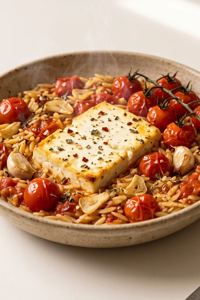 Baked Feta & Cherry Tomato Orzo - A whole block of feta baked amid bursting cherry tomatoes, stirred into orzo right in the dish