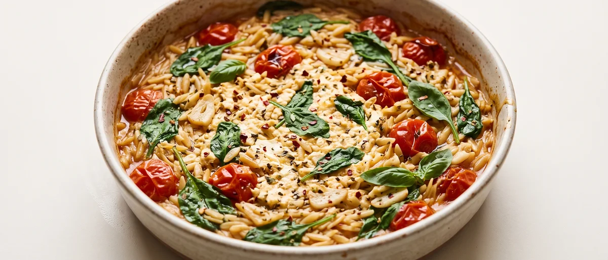 Baked Feta & Cherry Tomato Orzo - A whole block of feta baked amid bursting cherry tomatoes, stirred into orzo right in the dish