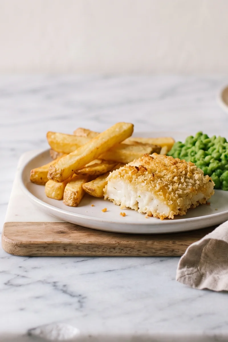 Baked Fish & Chips with Mushy Peas - Crisp oven chips, panko-crusted cod and proper minted mushy peas