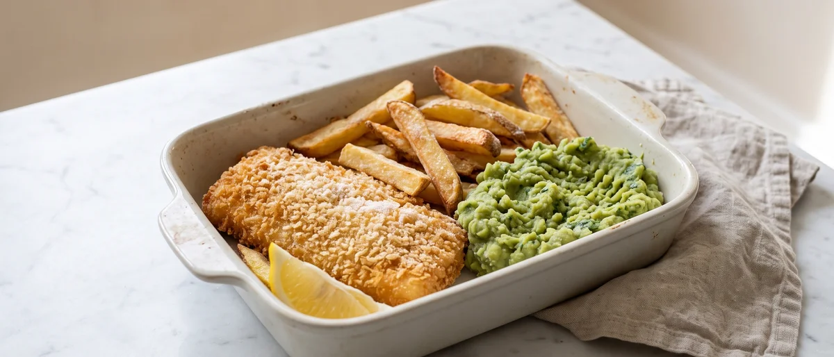 Baked Fish & Chips with Mushy Peas - Crisp oven chips, panko-crusted cod and proper minted mushy peas