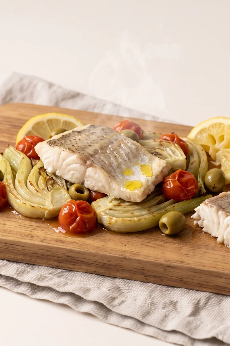 Baked Sea Bass with Fennel, Tomato & Olives - Whole sea bass fillets roasted over melting fennel, tomatoes and olives with lemon