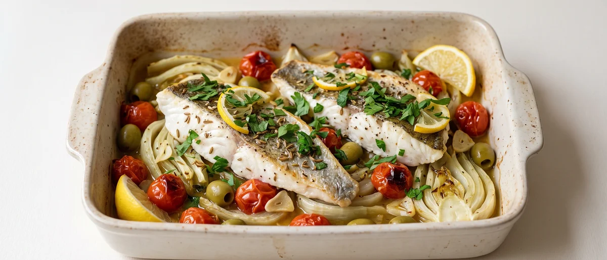 Baked Sea Bass with Fennel, Tomato & Olives - Whole sea bass fillets roasted over melting fennel, tomatoes and olives with lemon