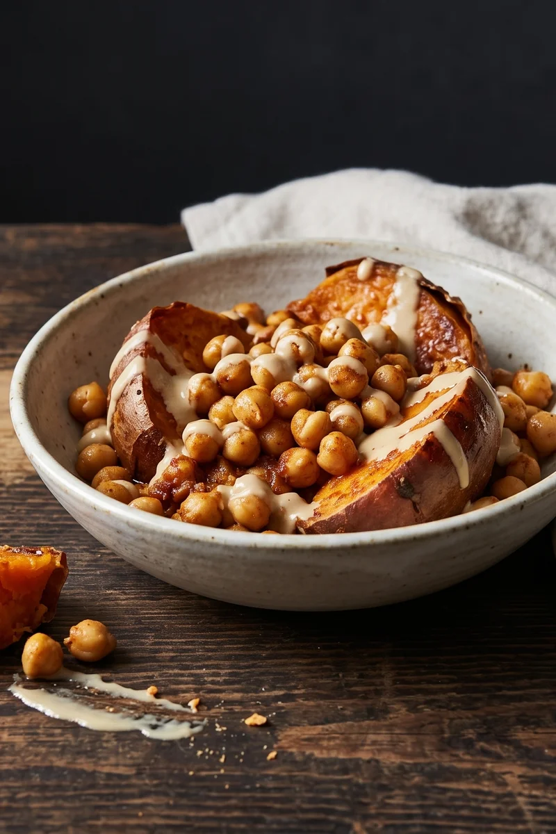 Baked Sweet Potato with Spiced Chickpeas & Tahini - A slow-burning, fiber-rich lunch with beta-carotene from the sweet potato and folate from the chickpeas.