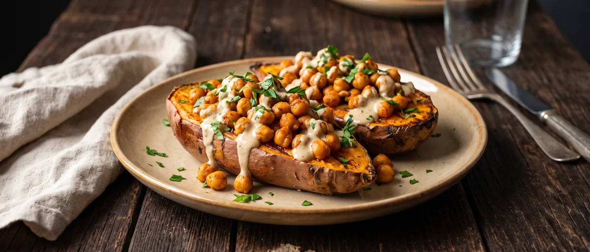 Baked Sweet Potato with Spiced Chickpeas & Tahini - A slow-burning, fiber-rich lunch with beta-carotene from the sweet potato and folate from the chickpeas.