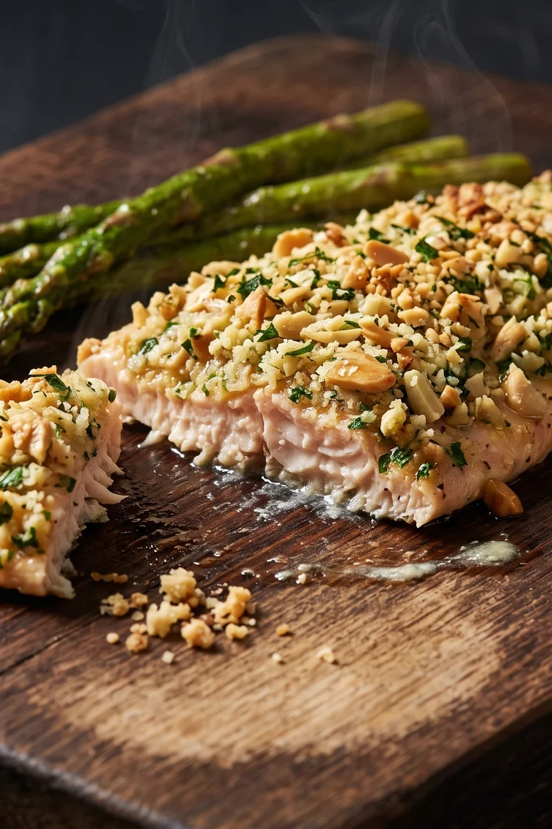 Baked Trout with Almond & Herb Crust - Trout fillets under a golden almond, lemon and parsley crust, roasted beside asparagus