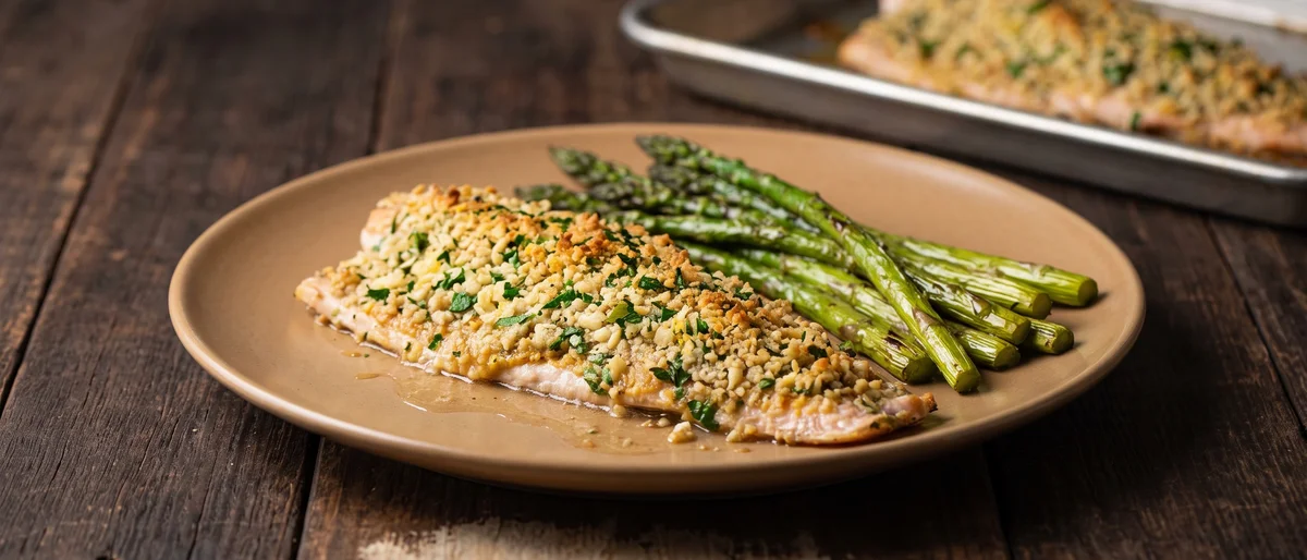 Baked Trout with Almond & Herb Crust - Trout fillets under a golden almond, lemon and parsley crust, roasted beside asparagus
