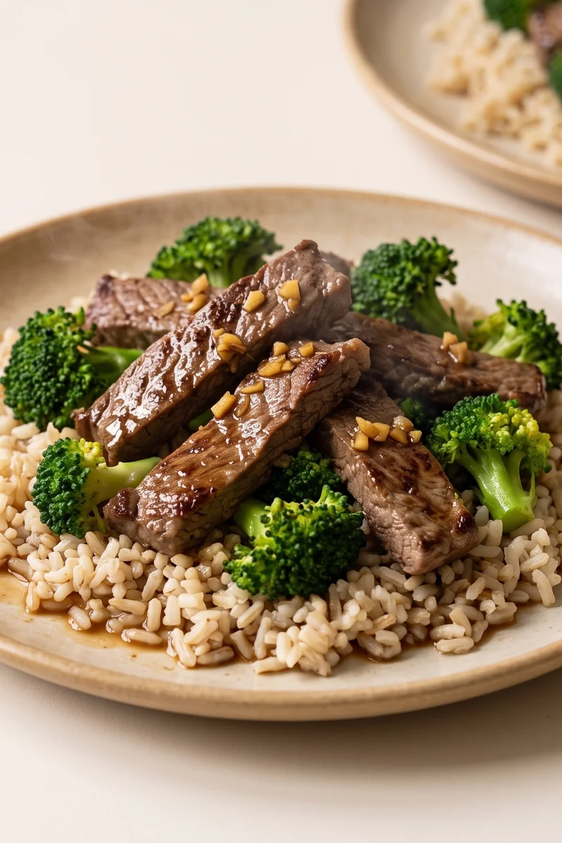Beef & Broccoli Grain Bowl with Tamari Dressing - Seared beef strips over brown rice and broccoli with a gingery tamari dressing