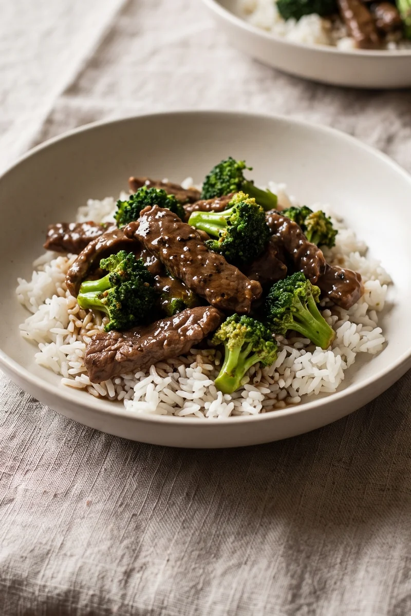 Beef & Broccoli in Black Pepper Sauce with Rice - Glossy black-pepper beef with broccoli over steamed rice