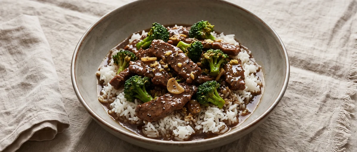 Beef & Broccoli in Black Pepper Sauce with Rice - Glossy black-pepper beef with broccoli over steamed rice