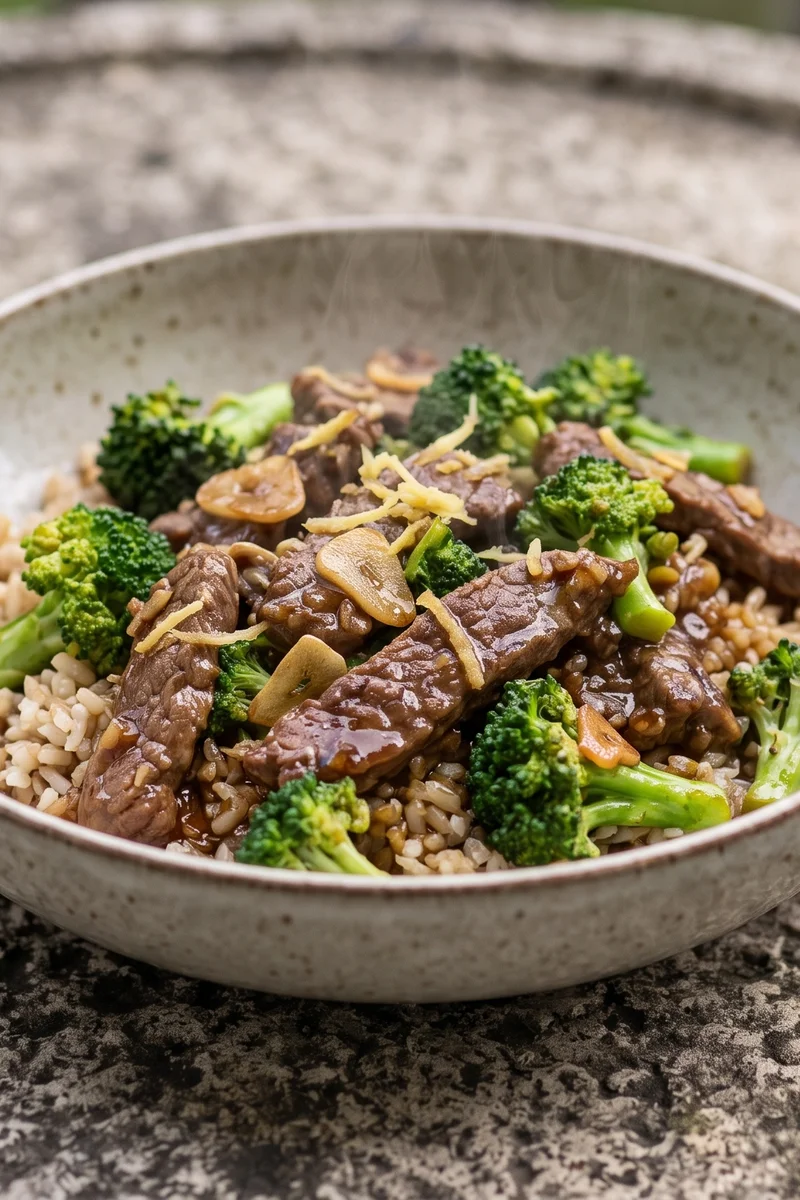 Beef & Broccoli Stir-Fry with Brown Rice - Quick-seared beef and broccoli over brown rice
