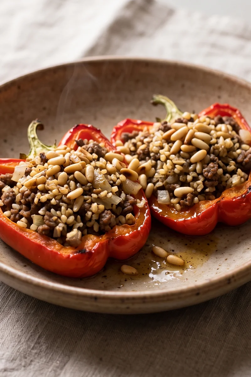 Beef & Bulgur Stuffed Peppers - Roasted peppers filled with spiced beef, bulgur and pine nuts