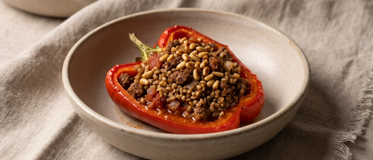 Beef & Bulgur Stuffed Peppers - Roasted peppers filled with spiced beef, bulgur and pine nuts