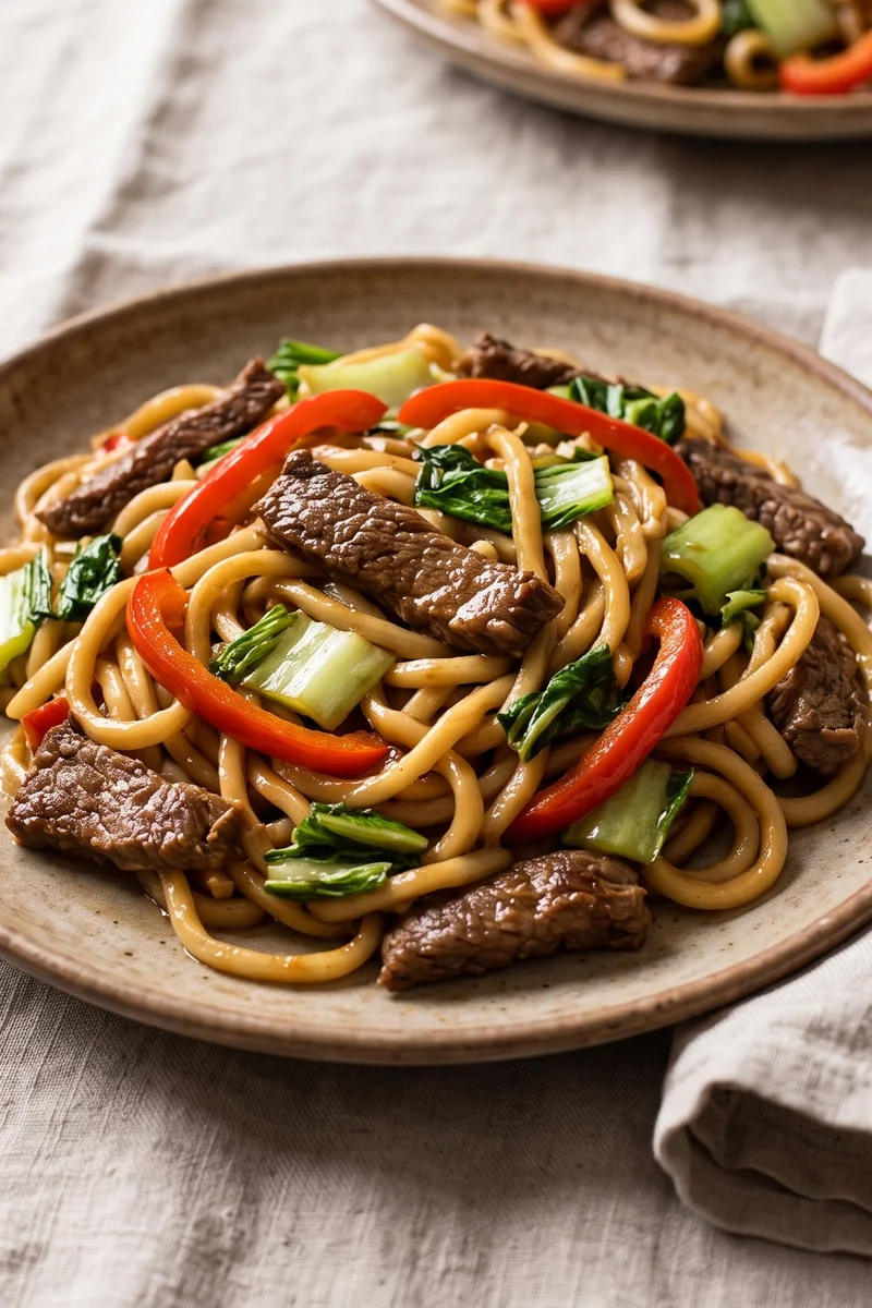 Beef & Vegetable Udon Stir-Fry - Chewy udon tossed with seared beef, peppers and bok choy in a glossy ginger-tamari sauce