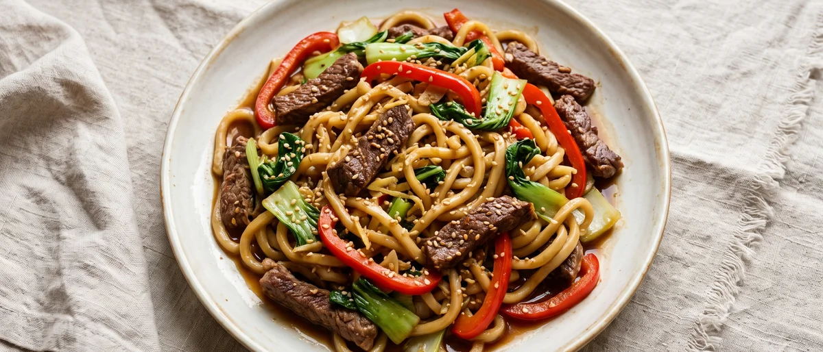 Beef & Vegetable Udon Stir-Fry - Chewy udon tossed with seared beef, peppers and bok choy in a glossy ginger-tamari sauce