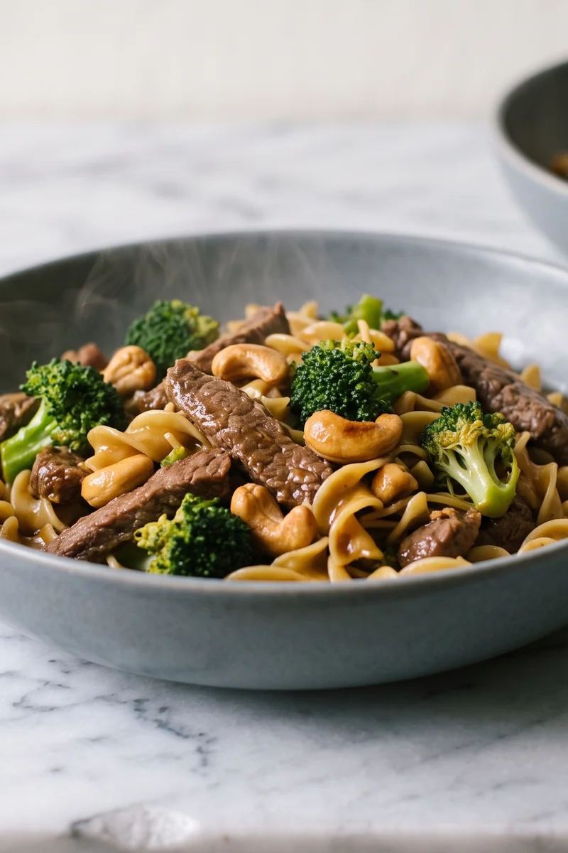 Beef, Broccoli & Cashew Stir-Fry with Noodles - Quick-seared beef with broccoli, cashews and egg noodles in a ginger-tamari sauce