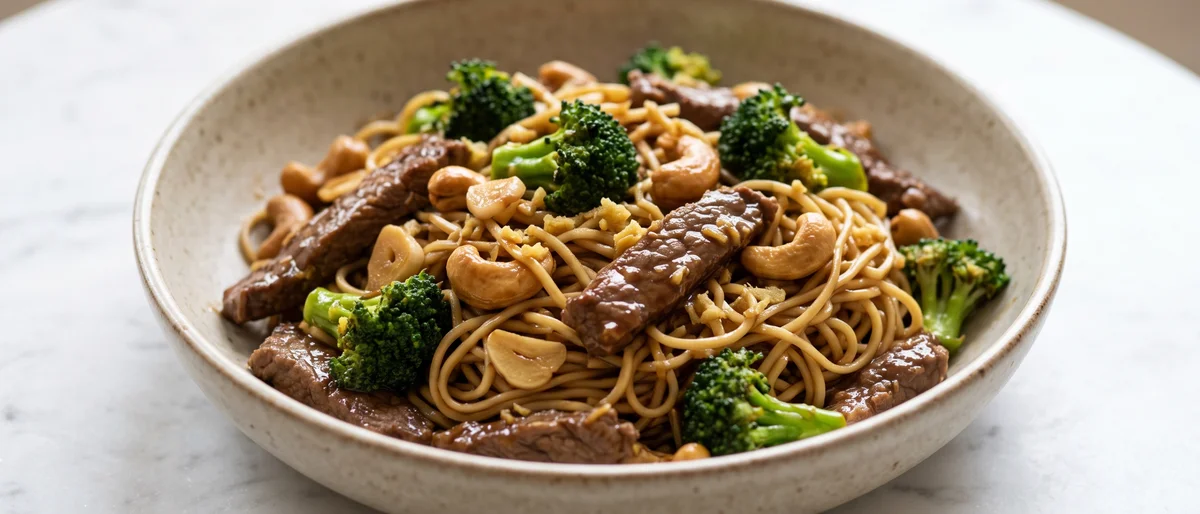 Beef, Broccoli & Cashew Stir-Fry with Noodles - Quick-seared beef with broccoli, cashews and egg noodles in a ginger-tamari sauce
