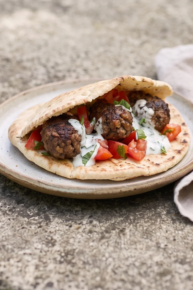 Beef Kofta Pitas with Tomato & Mint Yogurt - Spiced beef koftas cooked through and tucked into pitas with tomatoes and cool mint yogurt