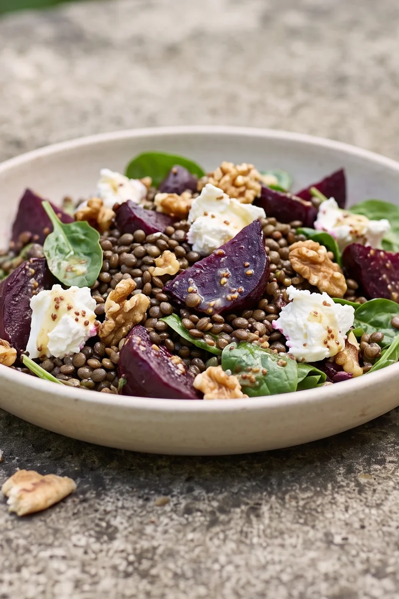 Beet, Lentil & Goat Cheese Salad - Earthy beets and Puy lentils with creamy goat cheese, walnuts and a mustardy dressing