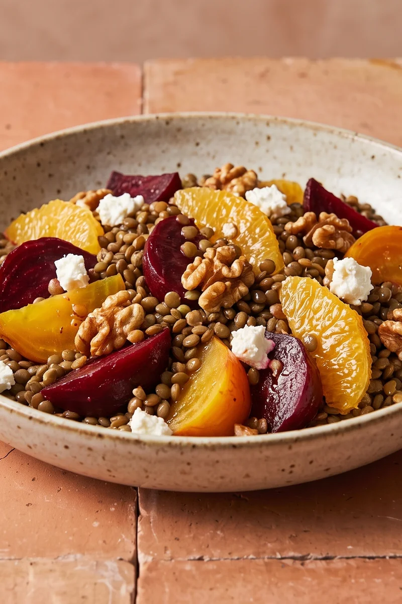 Beet, Orange & Puy Lentil Salad with Goat Cheese - Earthy lentils and beets with orange segments, goat cheese and walnuts