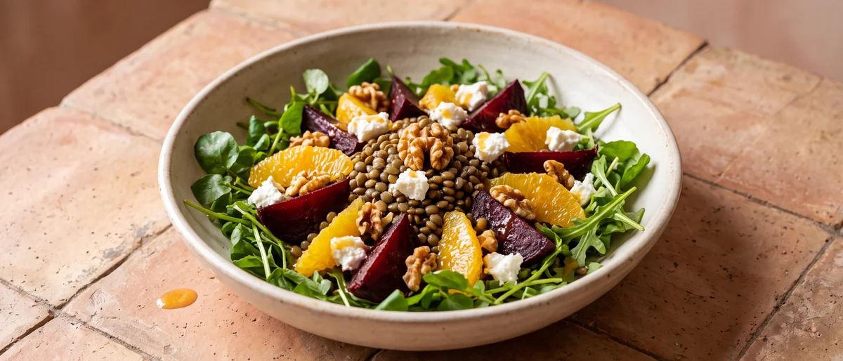 Beet, Orange & Puy Lentil Salad with Goat Cheese - Earthy lentils and beets with orange segments, goat cheese and walnuts