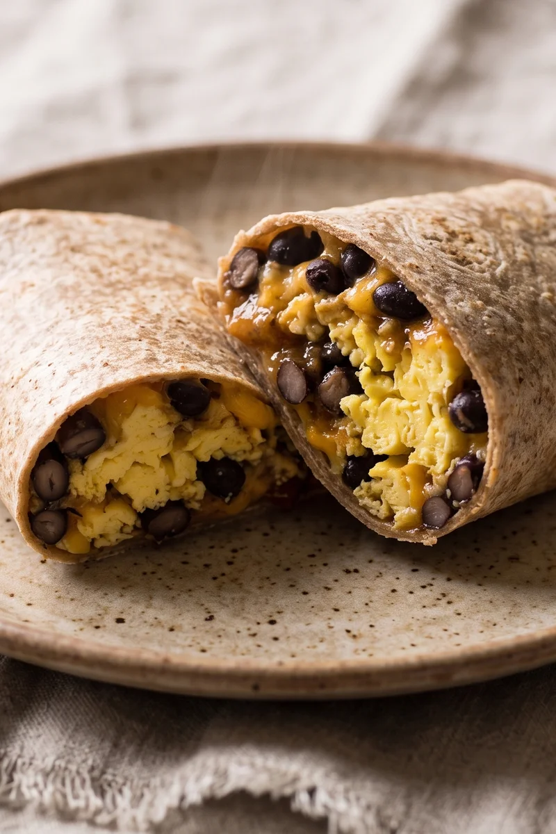 Big Batch Breakfast Burritos (Freezer) - Foil-wrapped freezer burritos of scrambled egg, black beans, cheese and salsa