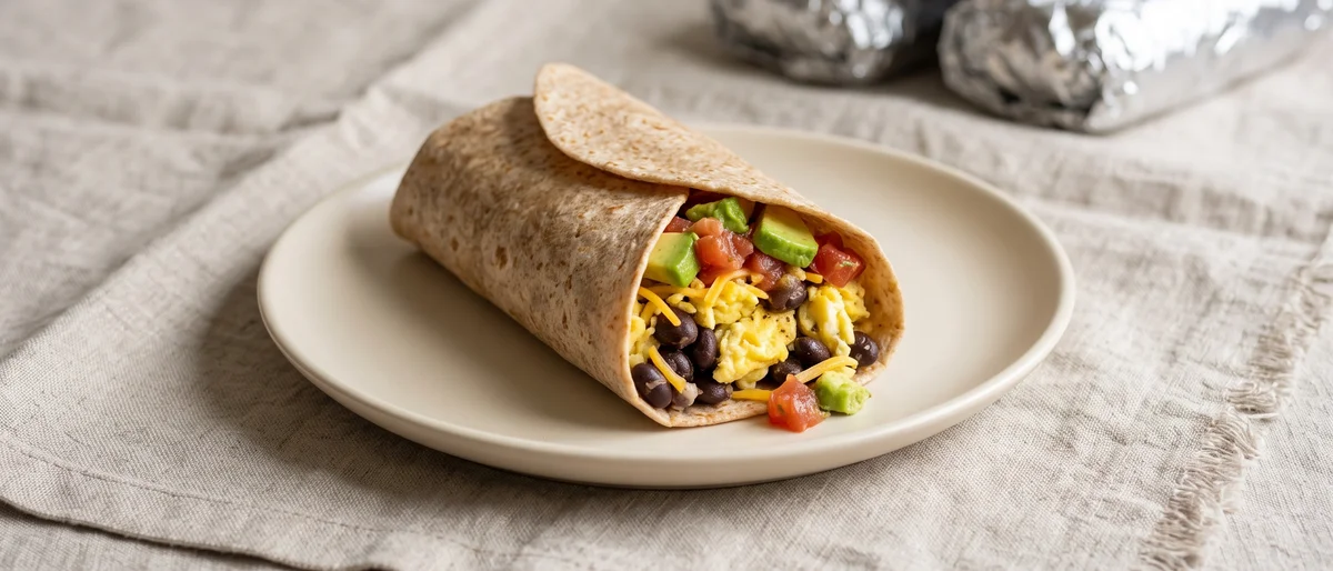 Big Batch Breakfast Burritos (Freezer) - Foil-wrapped freezer burritos of scrambled egg, black beans, cheese and salsa