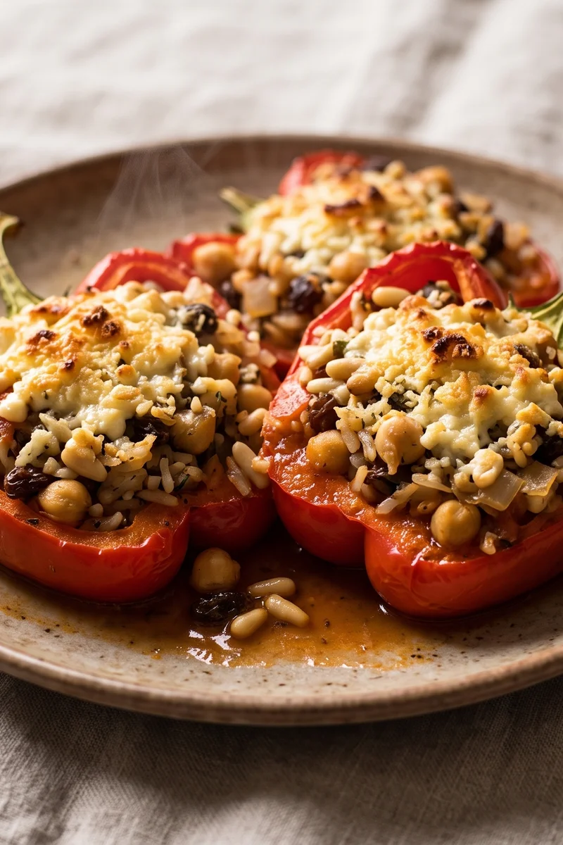 Big Greek-Style Stuffed Peppers with Feta Crumb - Peppers packed with herby rice, chickpeas, raisins and pine nuts under a feta crumb