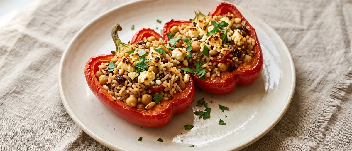 Big Greek-Style Stuffed Peppers with Feta Crumb - Peppers packed with herby rice, chickpeas, raisins and pine nuts under a feta crumb