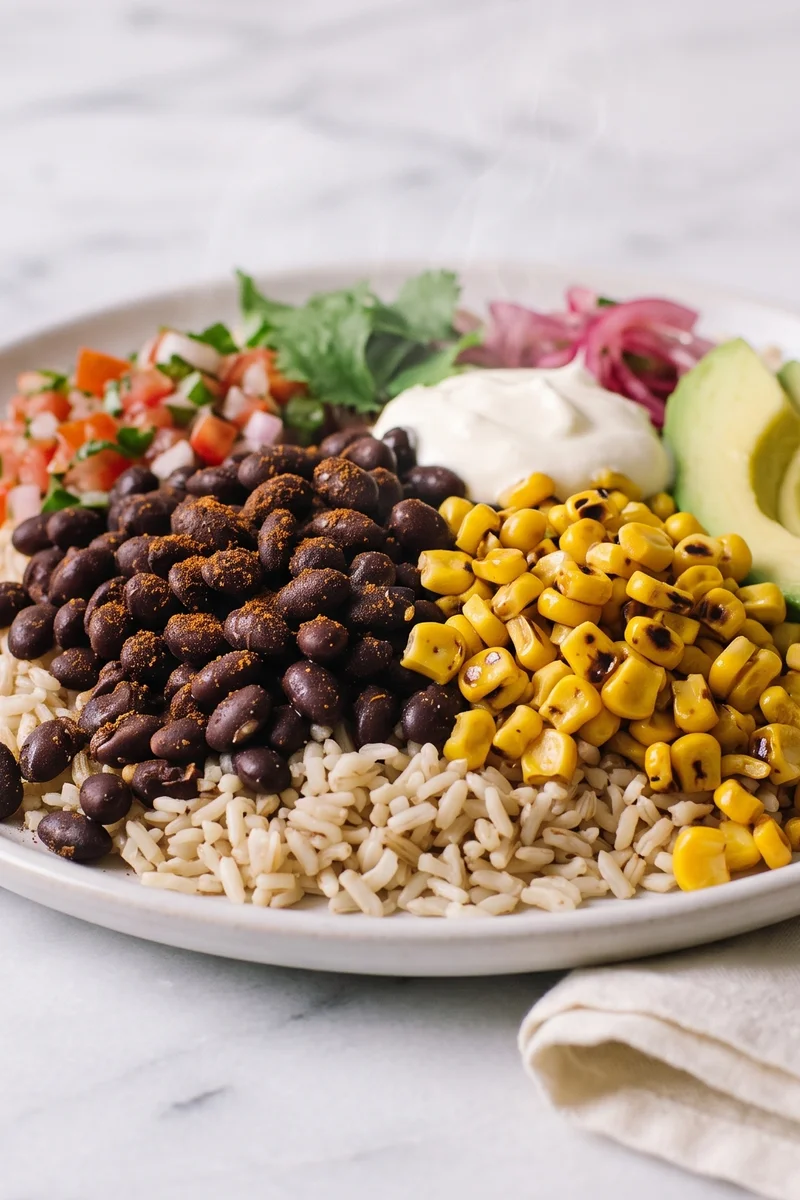 Black Bean & Corn Burrito Bowls - Spiced black beans, charred corn and rice with all the burrito fixings in a bowl