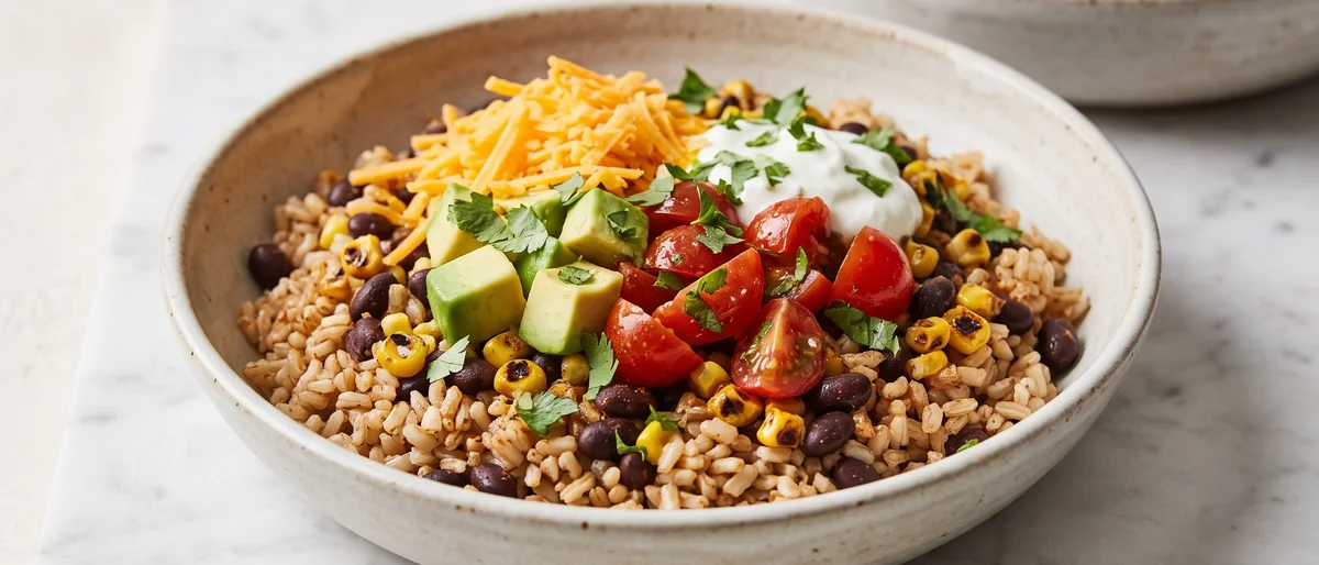 Black Bean & Corn Burrito Bowls - Spiced black beans, charred corn and rice with all the burrito fixings in a bowl