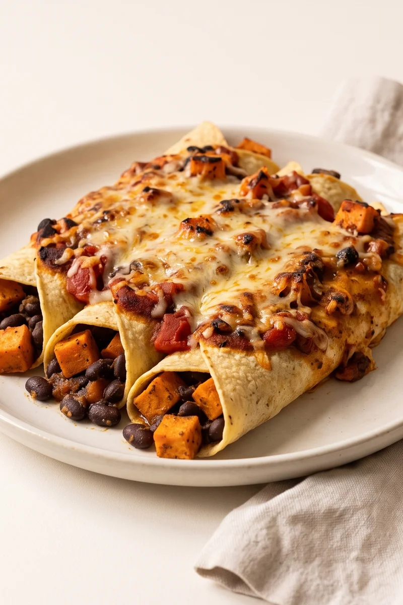 Black Bean & Sweet Potato Enchiladas - Tortillas rolled around spiced black beans and roasted sweet potato, baked under sauce and bubbling cheese