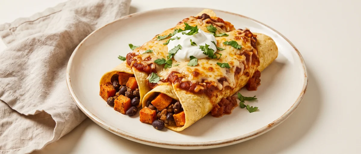 Black Bean & Sweet Potato Enchiladas - Tortillas rolled around spiced black beans and roasted sweet potato, baked under sauce and bubbling cheese