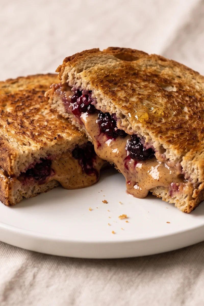 Blackberry & Almond Butter Toastie - A golden toastie of almond butter and smashed blackberries