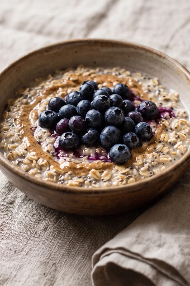 Blueberry & Almond Butter Overnight Oats - Overnight oats swirled with almond butter and heaped with blueberries