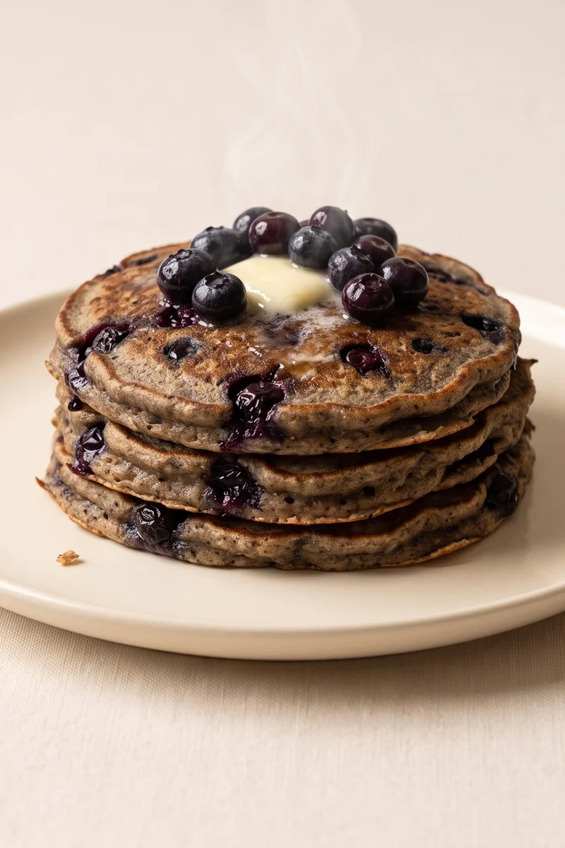Blueberry Buckwheat Pancakes - Whole-grain pancakes with a berry lid