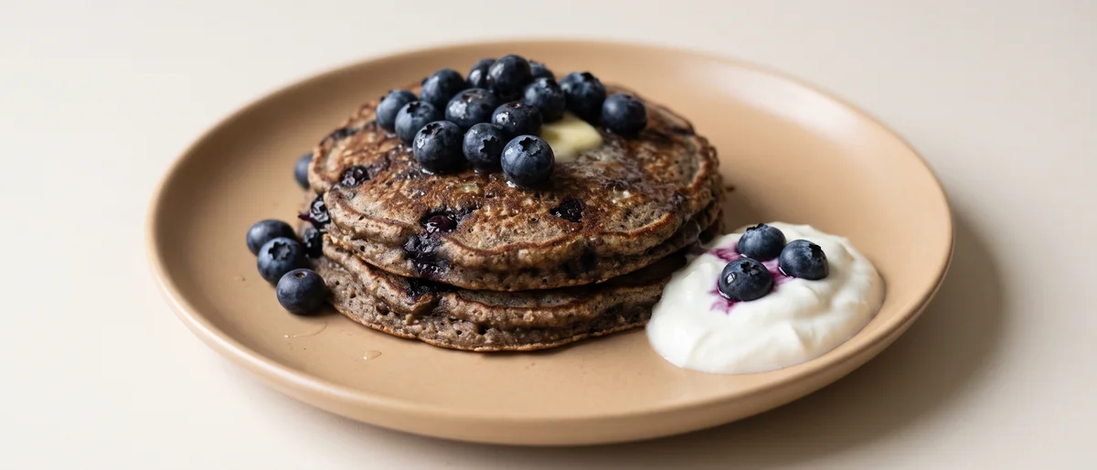 Blueberry Buckwheat Pancakes - Whole-grain pancakes with a berry lid