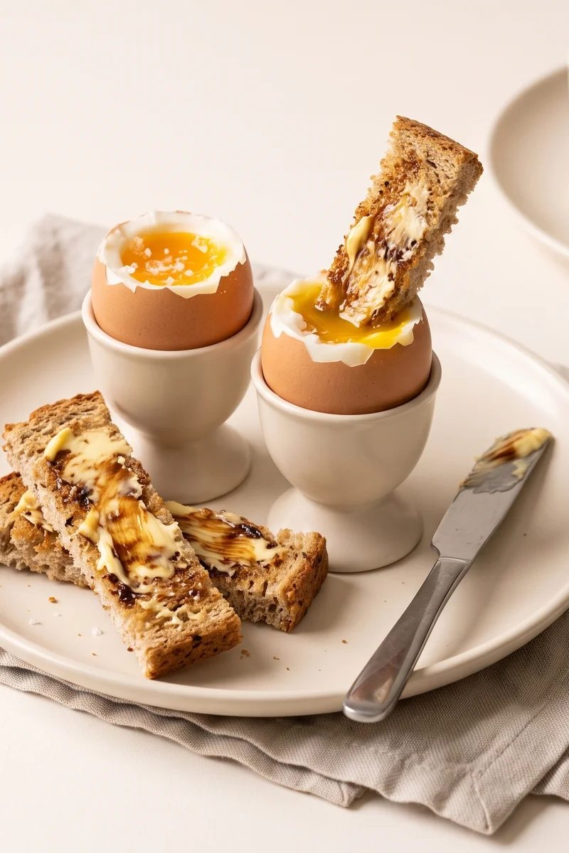 Boiled Eggs & Soldiers with Marmite Butter - Soft-set boiled eggs with Marmite-butter toast soldiers