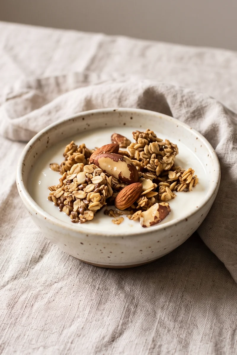 Brazil Nut Granola Clusters with Kefir - Big crunchy oat clusters built around brazil nuts, served over kefir