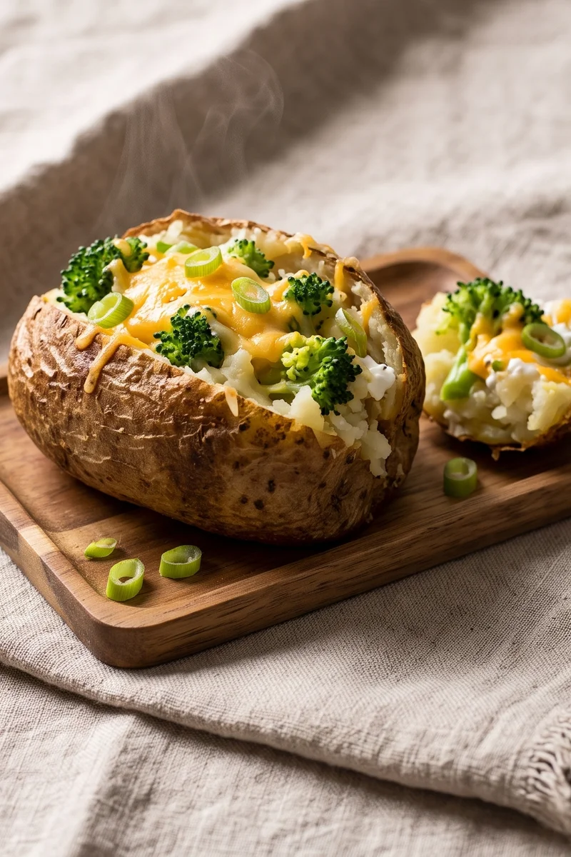 Broccoli & Cheddar Baked Potatoes - Crisp-skinned baked potatoes with steamed broccoli folded into sharp cheddar and yogurt