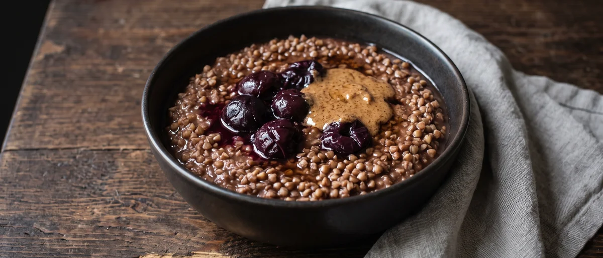 Buckwheat Porridge with Cacao & Cherries - Naturally gluten-free buckwheat simmered into a cocoa porridge and topped with dark cherries