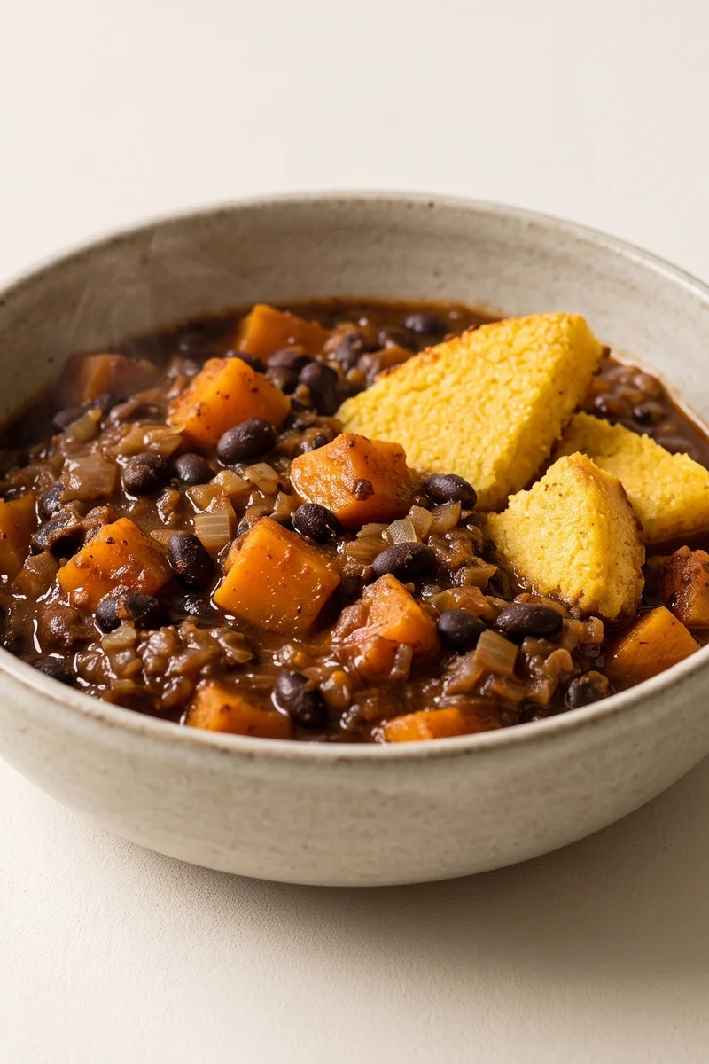 Butternut & Black Bean Chili with Cornbread-Style Polenta - A smoky butternut and black bean chili with baked polenta wedges standing in for cornbread