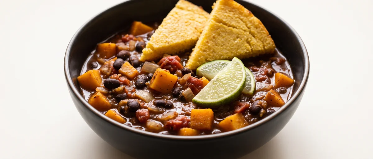 Butternut & Black Bean Chili with Cornbread-Style Polenta - A smoky butternut and black bean chili with baked polenta wedges standing in for cornbread