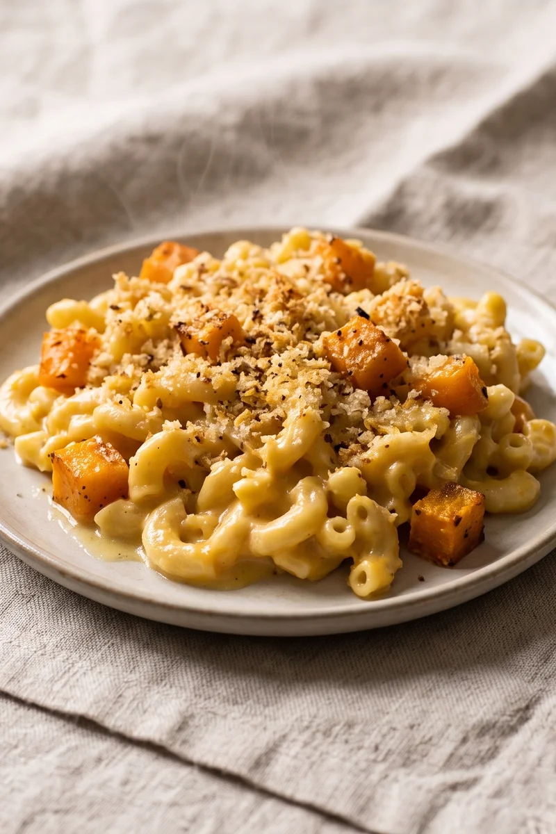 Butternut Mac & Cheese with Crispy Crumb - Mac and cheese where roasted butternut silkens the sauce, under a garlicky crumb