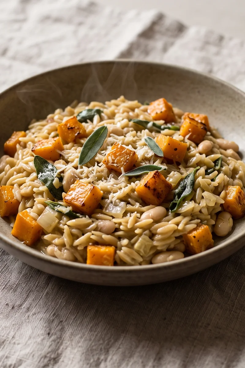 Butternut, Sage & White Bean Orzotto - Orzo cooked risotto-style with roasted butternut, sage and white beans, finished with Parmesan