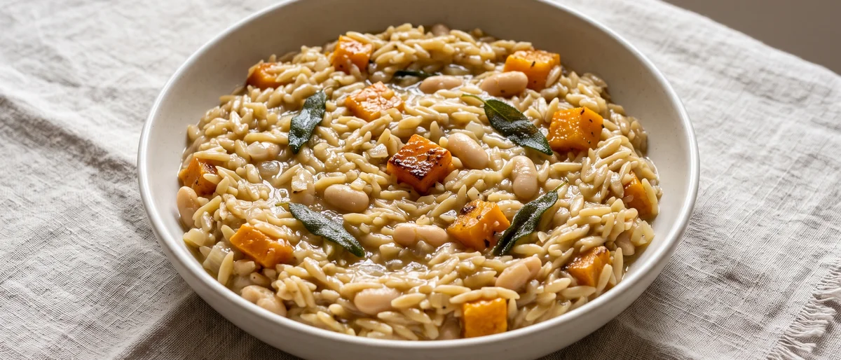 Butternut, Sage & White Bean Orzotto - Orzo cooked risotto-style with roasted butternut, sage and white beans, finished with Parmesan