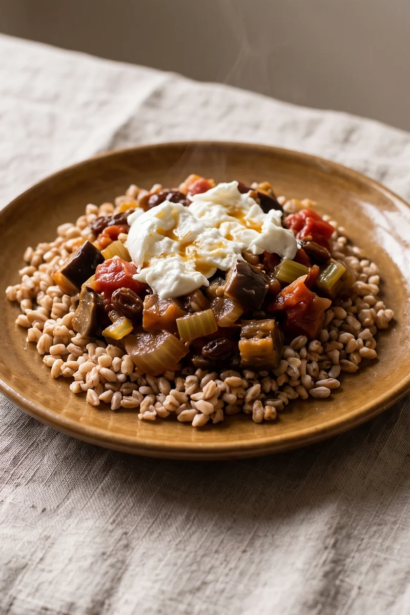 Caponata-Style Eggplant with Burrata & Farro - Sweet-sour Sicilian eggplant with celery, olives and raisins over farro, finished with torn burrata