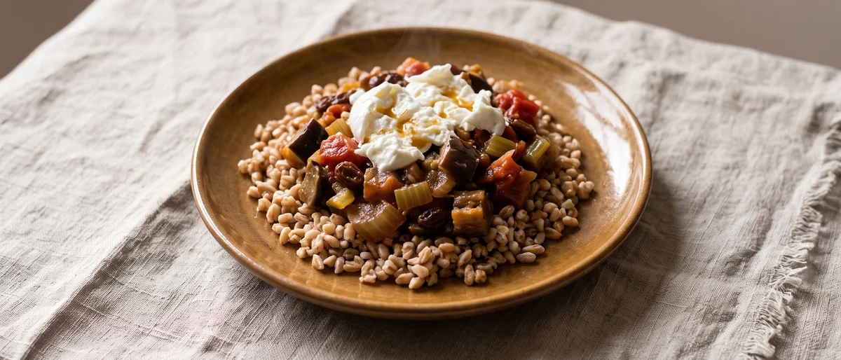 Caponata-Style Eggplant with Burrata & Farro - Sweet-sour Sicilian eggplant with celery, olives and raisins over farro, finished with torn burrata