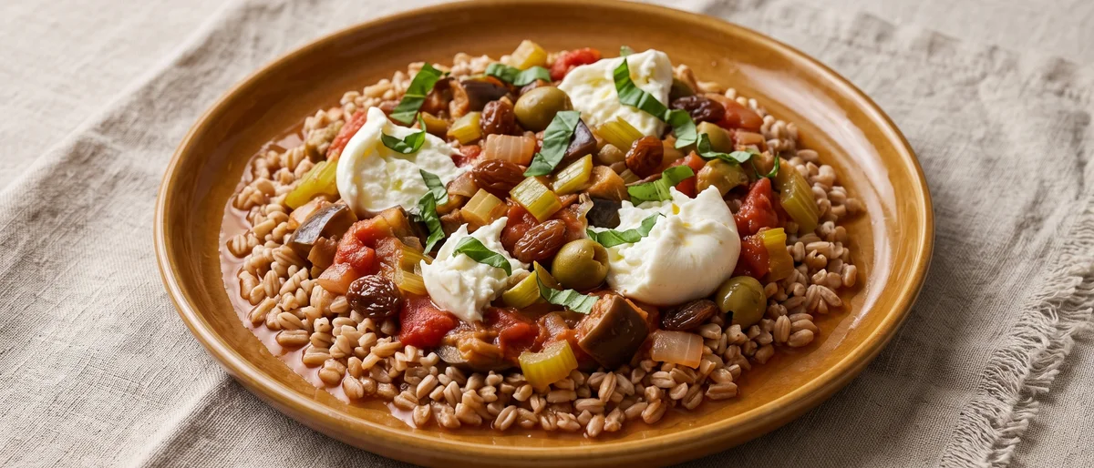 Caponata-Style Eggplant with Burrata & Farro - Sweet-sour Sicilian eggplant with celery, olives and raisins over farro, finished with torn burrata
